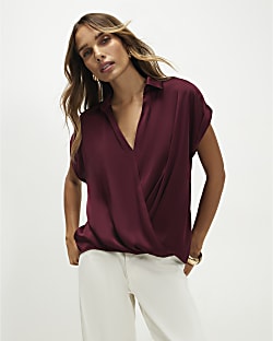 Purple Collared Satin Wrap Blouse