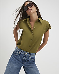 Khaki Sleeveless Crepe Shirt