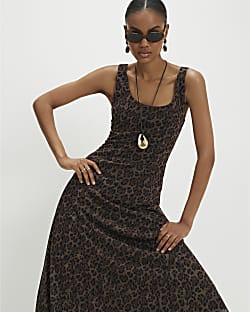 Brown Leopard Mesh Maxi Dress