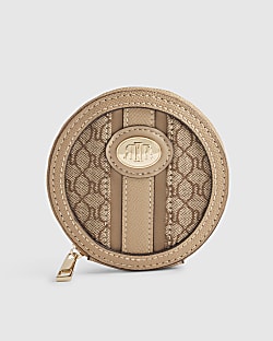 Beige Monogram Panelled Zip Around Purse