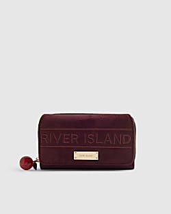 Red Faux Suede Embroidered Zip Around Purse