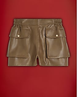 Brown Faux Leather Distressed Pocket Shorts