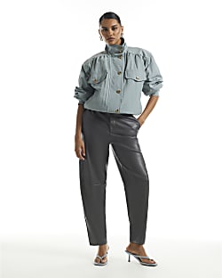 Grey Faux Leather Barrel Leg Trousers