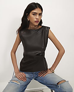 Brown Ruched Side Sleeveless Top
