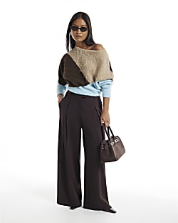 Petite Brown Crepe Wide Leg Trousers