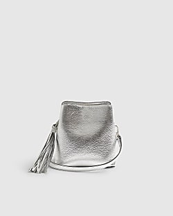 Silver Leather Tassel Crossbody Bucket Bag