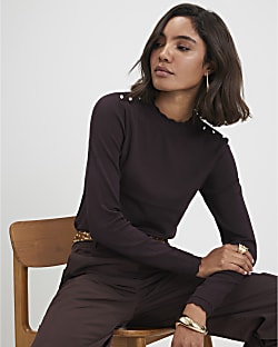 Brown Knitted Pointelle Trim Long Sleeve Top