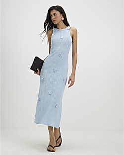 Blue Sleeveless 3D Flower Trim Midi Dress