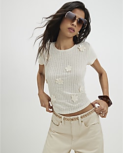 White Short Sleeve 3D Flower Trim Top