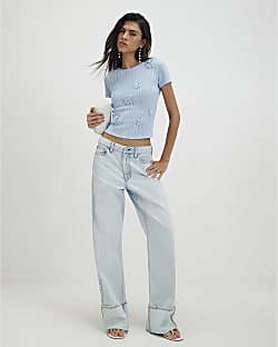 Blue Short Sleeve 3D Flower Trim Top