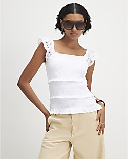 White Sleeveless Shirred Broderie Top