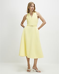 Yellow Sleeveless Belted Midi Dress