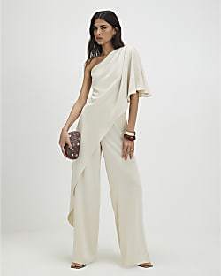 Cream One Shoulder Overlay Jumpsuit