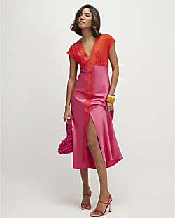 Pink Short Sleeve Lace Satin Midi Dress