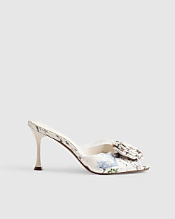 Cream Satin Rose Mule Heeled Sandals