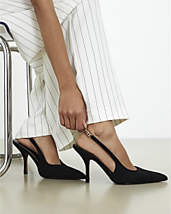 Black Faux Suede Slingback Chain Court Heels