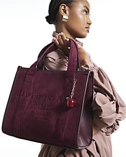 Burgundy Faux Suede Embroidered Tote Bag