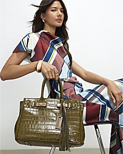 Green Lock Front Crocodile Print Tote Bag