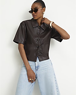 Brown Faux Leather Button Through Shirt