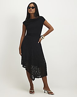 Petite Black Lace Hybrid Drape Dress