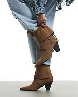 Brown Suede Slouch Cone Heel Ankle Boots