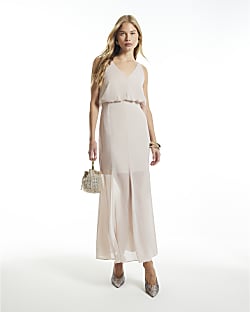 Cream  V Neck Sheer Overlay Maxi Dress