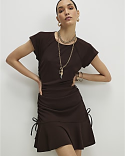 Brown Short Sleeve Ruched Mini Dress