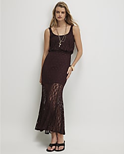 Brown Lace Sleeveless Maxi Dress
