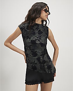 Blue Floral Devore Asymmetric Top