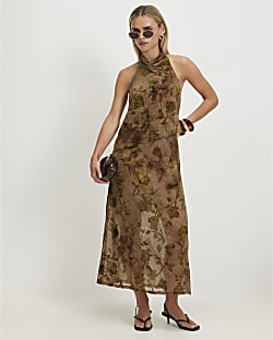 Petite Khaki Halter Neck Devore Maxi Dress