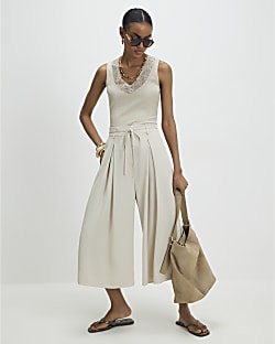 Beige Tie Detail Culottes