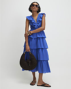 Blue Cotton Ruffle Sleeveless Midi Dress