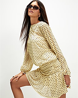 Yellow Long Sleeve Polka Dot Mini Dress