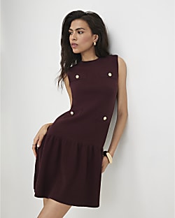 Burgundy Knit Pleat Hem Mini Dress