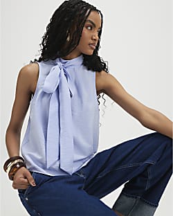 Blue Sleeveless Pussybow Blouse