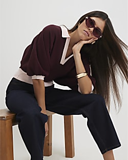 Red Blocked Knitted Slouch Polo Top