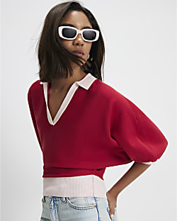 Red Knitted Colour Block Slouch Polo Top
