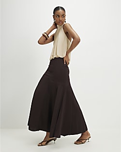 Brown Seamed Maxi Skirt