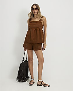 Brown Seersucker Pleated Tank Top