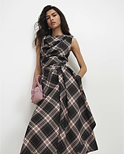 Pink Check Cowl Neck Asymmetric Midi Dress