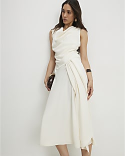 Cream Cowl Neck Asymmetric Midi dress