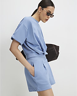 Blue Cotton Blend Bubble Sleeve Sweat T-shirt