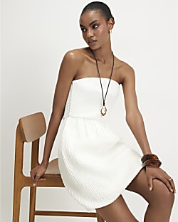 Cream Textured Bandeau Mini Dress