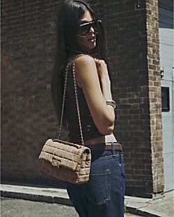 Brown Faux Suede Quilted Shoulder Bag