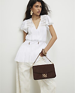 Brown Faux Suede RR Flap Front Shoulder Bag