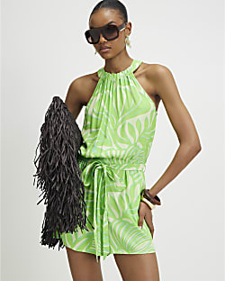 Green Leaf Print Halter Neck Playsuit