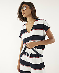 Navy Striped Textured V Neck T-shirt