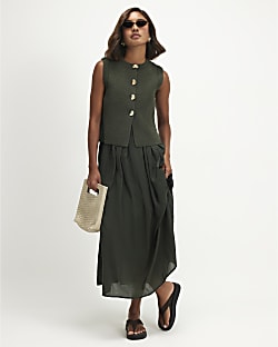 Khaki 2 in 1 Knit Jumper Midi Dress
