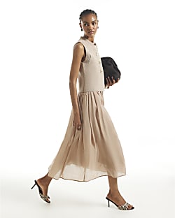 Beige 2 in 1 Knit Jumper Dress