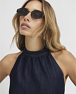 Black Slim Hexagonal Sunglasses